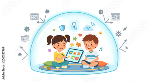 Children learning online safely inside a digital protection bubble with educational icons and security symbols Vector