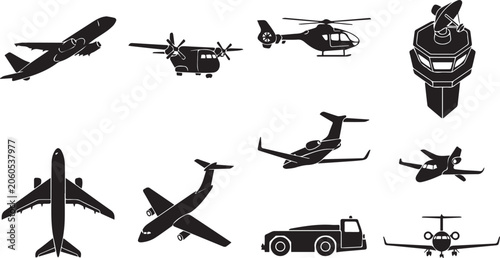 Bild auf Leinwand Black silhouette icons collection of commercial airplanes cargo aircraft helicop