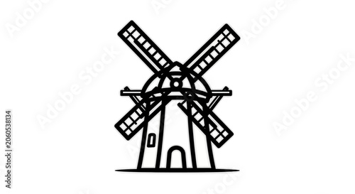 Traditional Dutch windmill with four sails and brick base standing tall against a plain background for architectural reference.