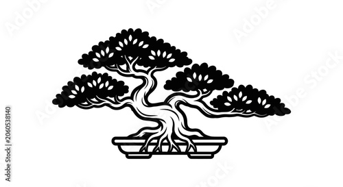 Bonsai tree with dense foliage and twisted trunk displayed in a shallow rectangular pot for indoor decoration and horticultural art.