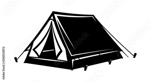 Camping tent with black and gray panels pitched on a flat surface ready for outdoor adventures and backpacking trips.