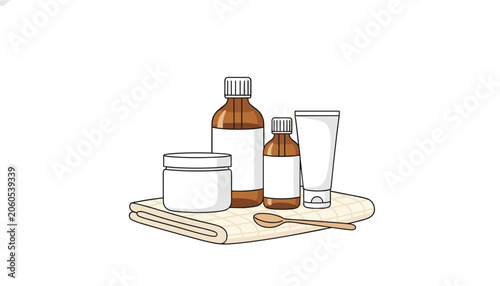 Dermatology beauty products including bottles, a cream jar, and a wooden spoon arranged on a folded towel for a daily skin routine.