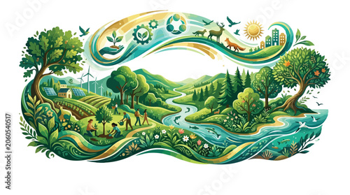 Illustration of sustainable ecosystem with harmonious nature and human activity.