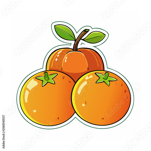 Cartoon illustration of oranges and a peach with leaves
