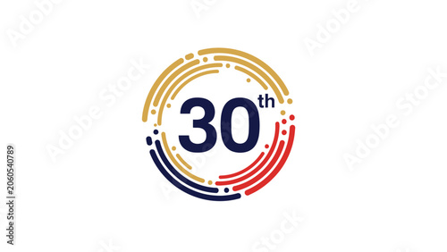 Bild auf Leinwand 30th Anniversary Modern Logo with Blue Circle and Stylized Red Gold Dotted Lines