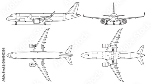 Aircraft Blueprint Orthographic Views: Technical Line Drawing of Commercial Airplane Side, Front and Top