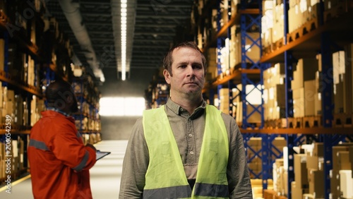 Obraz na plátně Portrait of male employee, managing pallets and cargo, across warehouse floor, ensuring supply chain management and dispatch operations for express delivery, large business manual labor