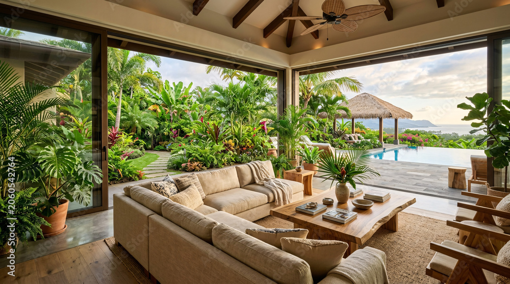 Fototapeta premium Luxury Open Concept Tropical Living Room with Indoor Outdoor Design, Infinity Pool and Lush Garden View