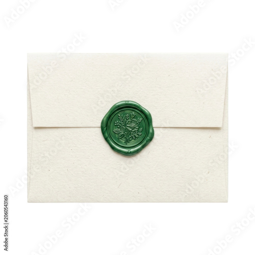 Beige envelope with green floral wax seal on a transparent background PNG file