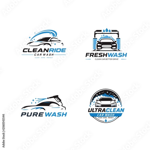 Modern Automotive Car Wash Logo Bundle with Vehicle Silhouette and Water Splash Elements