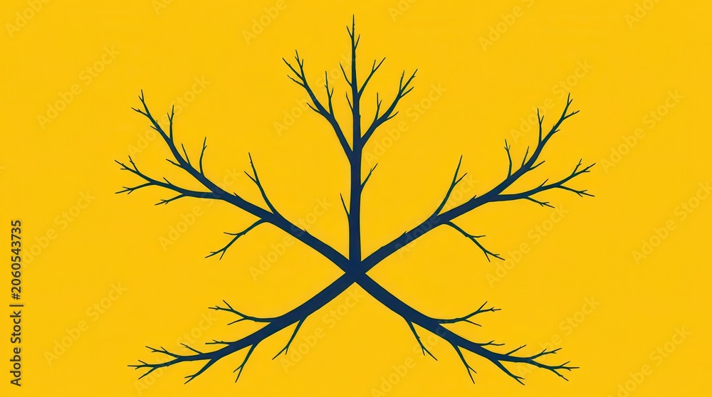 Fototapeta premium Stylized Dark Blue Tree Branches Forming an Abstract Starburst Against Vibrant Yellow