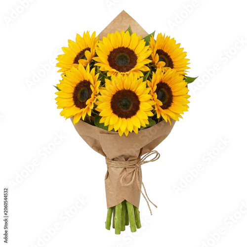 Sunflower bouquet wrapped in brown paper PNG file on a transparent background