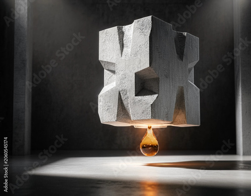 An intricate geometric concrete structure levitates in a dramatic spotlight, releasing a single glowing amber drop of oil or essence onto a polished dark floor.