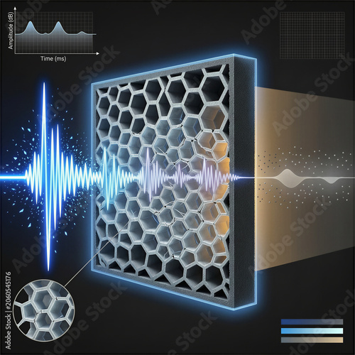 Soundproofing acoustic metamaterial panel absorbing sound waves with waveform graph display visualization.