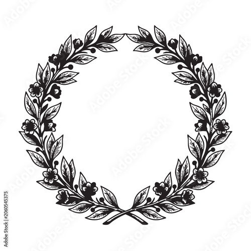 Laurel wreath vector illustration on black background, ornate floral frame with leaves, vintage decorative border design, elegant plant scroll wreath element