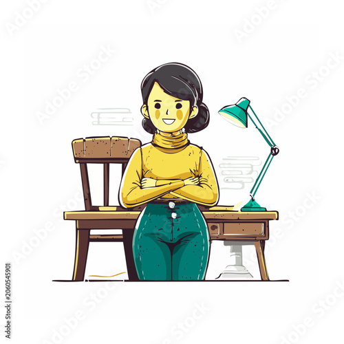 Woman sitting at desk with lamp and books illustration
