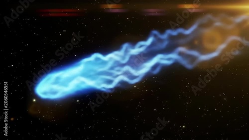 Electric blue comet with undulating plasma tail passing near glowing golden star in deep space