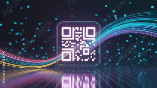 Abstract Glowing QR Code with Neon Light Trails on Digital Grid Background