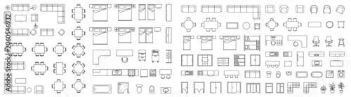 Top View Architectural Furniture 2D CAD Floor Plan Vector Symbol Set