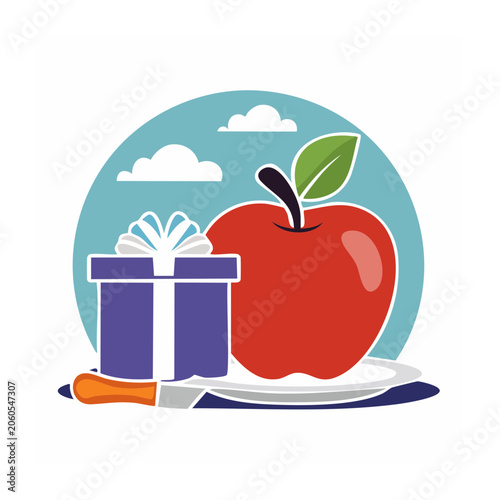 Flat design illustration of apple, gift box, and knife