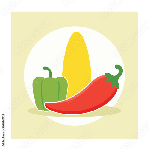 Flat Design Illustration of Bell Pepper, Chili, and Corn