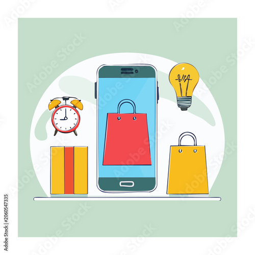 Flat design illustration of smartphone with shopping bag and icons