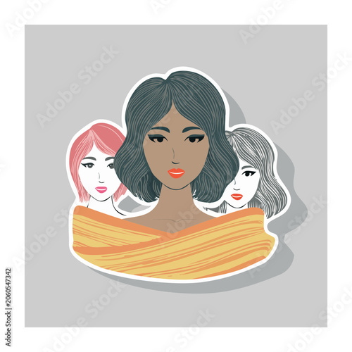 Flat design illustration of women with colorful hair and scarf