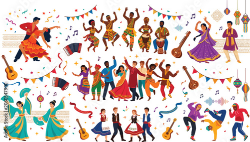 Diverse group of people performing multicultural folk dances including Indian Garba African tribal flamenco and salsa vector illustration isolated