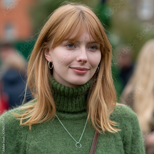 Young woman with strawberry blonde hair and bangs wearing a green turtleneck and silver jewelry