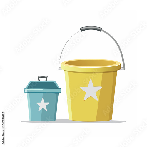 Blue trash can and yellow bucket with star symbols