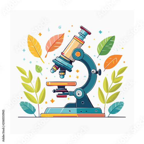 Colorful Microscope with Autumn Leaves Illustration