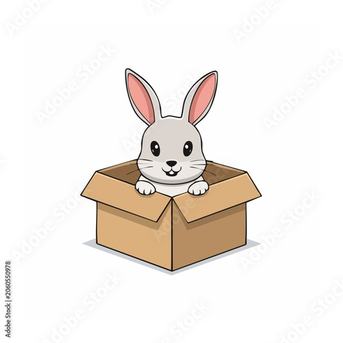 Cute cartoon rabbit peeking out of a cardboard box