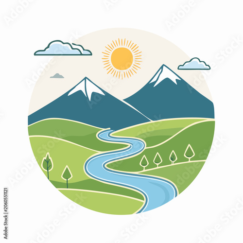 Stylized Landscape with Mountains, River, Sun, and Clouds