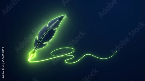 Creative writing concept with glowing neon quill pen