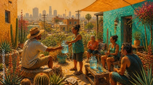 Community gathering shares water amidst sweltering urban heat and arid landscape, fostering connection and resilience in a vibrant, sundrenched setting.
