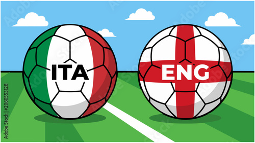 Illustration of Italy versus England soccer balls on green field pitch championship competition concept art