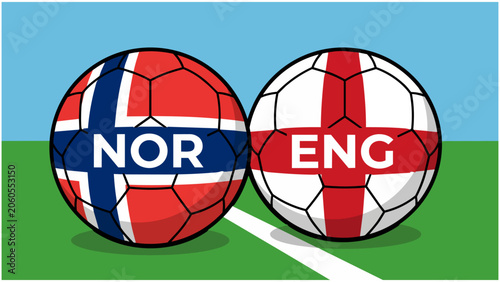 Norway vs England International Soccer Match Illustration Featuring Flag Footballs on Green Field