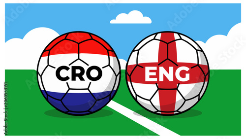 Soccer balls with Croatian and English flags illustrated on a green field under a clear blue sky for international football match competition