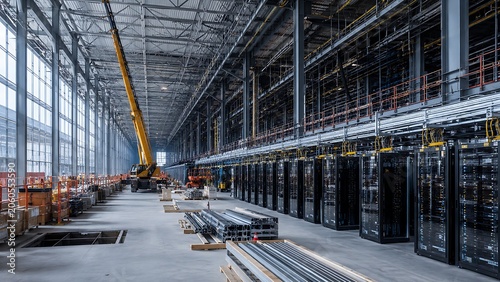 Large Scale Data Center Under Construction with Server Infrastructure Deployment, Cloud Computing Expansion, Artificial Intelligence Operations and Enterprise Technology Development Concept
