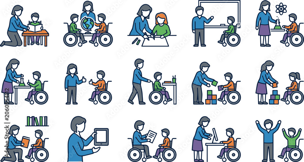 Fototapeta premium Inclusive education set with teachers helping children in wheelchairs.