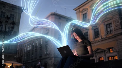 A young brunette woman sits on city steps at night, working on her laptop surrounded by futuristic glowing data streams that symbolize high-speed fiber optic internet. Global Digital Network