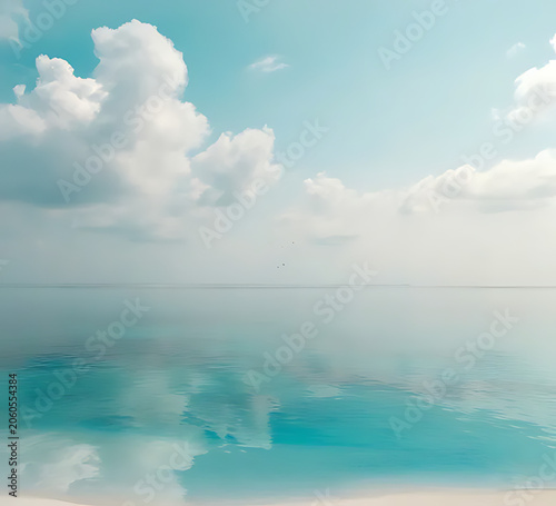 Luxury island beach with calm sea and white clouds