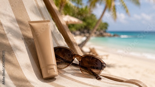 Blank beige squeeze tube of sunscreen lotion resting on a beach next to tortoiseshell sunglasses