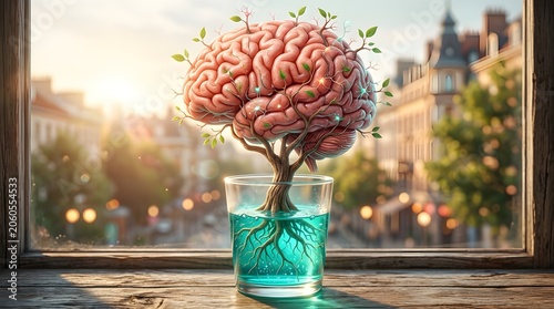 Brain growth and development concept with a tree in a glass