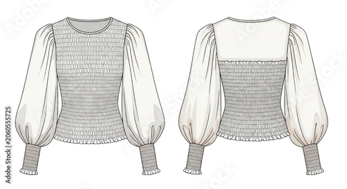 Women Smocked Blouse Fashion CAD Technical Flat Sketch Vector Template