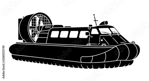 Schilderij op canvas Detailed black silhouette of an amphibious hovercraft vehicle CAD technical draw