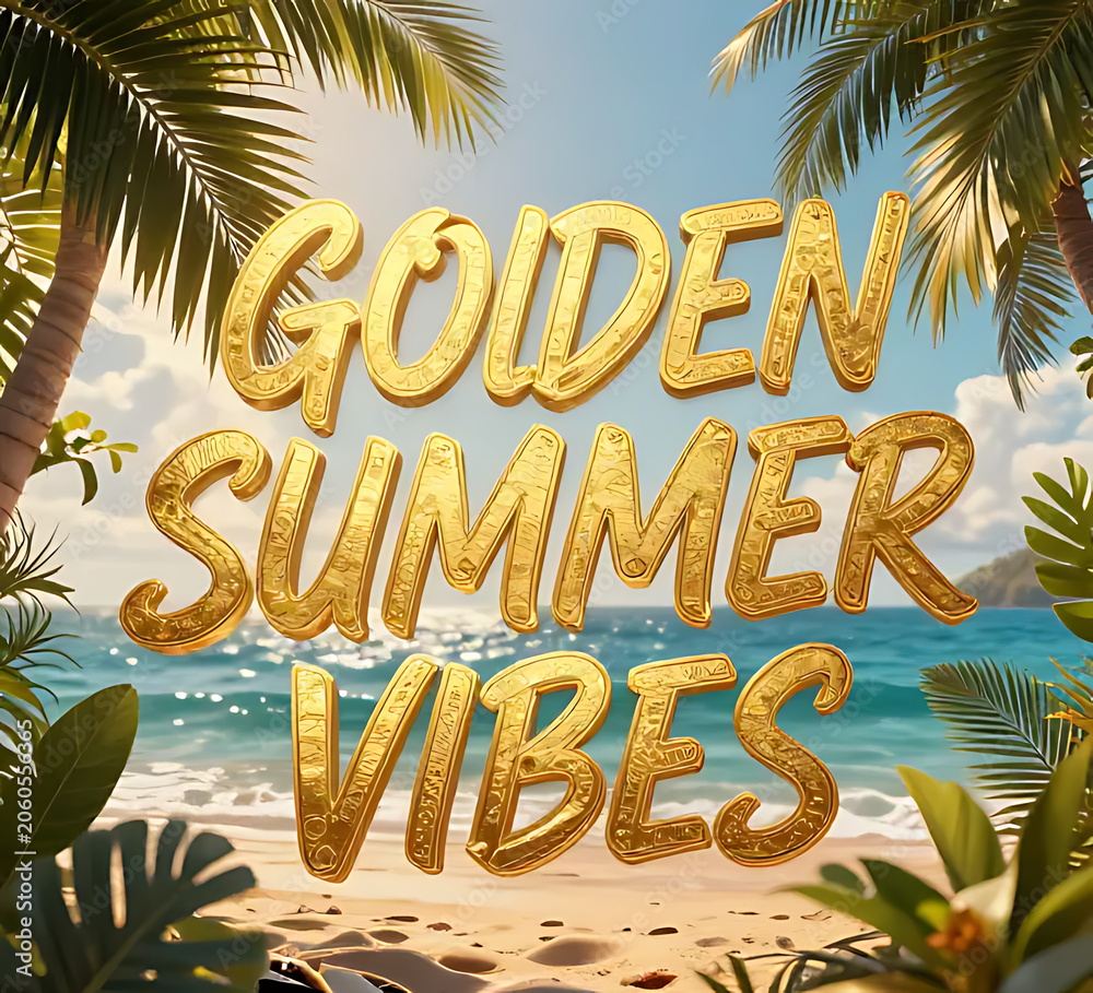 Obraz premium Golden Summer Vibes typography with tropical leaves and ocean backdrop