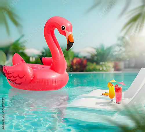 Summer Vibes poolside scene with inflatable flamingo and tropical drinks