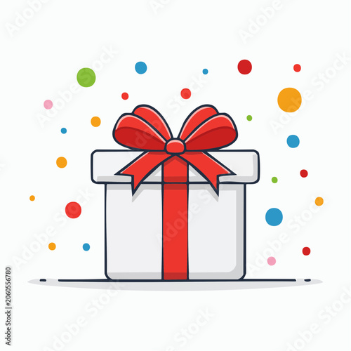 Gift Box with Red Ribbon and Confetti