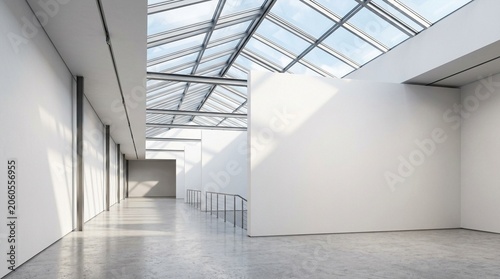 Modern art gallery interior with a glass ceiling, white walls, and concrete floor